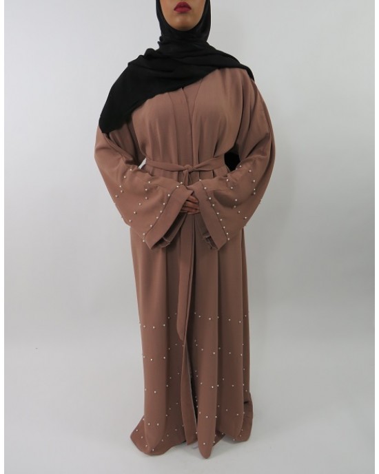 Amani’s Light Brown Designer Open Abaya Style With Pearls UK - Abayas - Abaya020