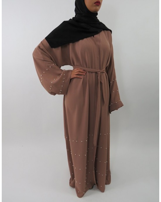 Amani’s Light Brown Designer Open Abaya Style With Pearls UK - Abayas - Abaya020