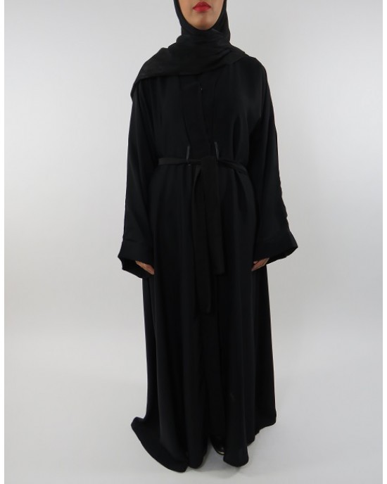 Amani’s Plain Black Open Neda Abaya With Belt Style UK - Abayas - Abaya121