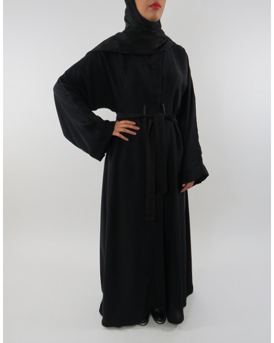 Amani’s Plain Black Open Neda Abaya With Belt Style UK - Abayas - Abaya121