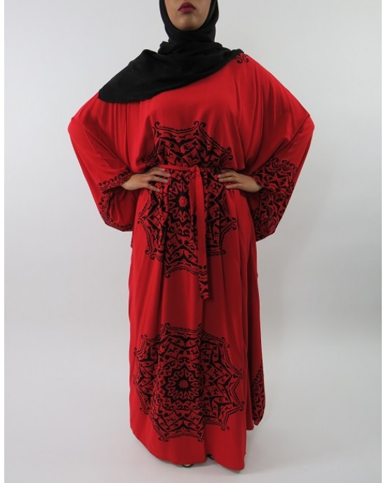Amani’s Red Soft Cotton With Print Maxi Dress Style UK - Long Sleeve Maxi Dresses - MaxiDress035