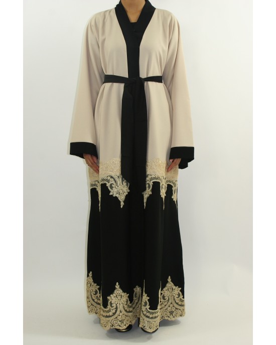 Amani’s Cream Designer Open Abaya Style With Border Lace UK - Abayas - Abaya069
