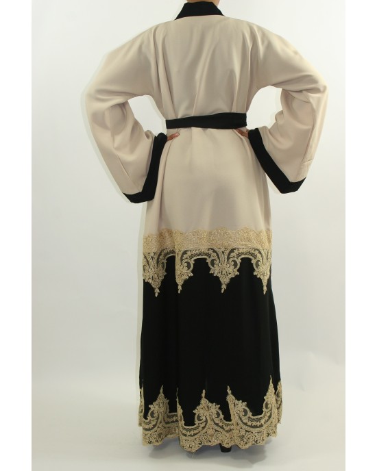 Amani’s Cream Designer Open Abaya Style With Border Lace UK - Abayas - Abaya069