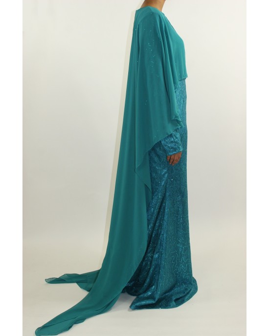 Amani’s – Occasion Long Sleeve Maxi Style With Attached Chiffon Cape Style UK - Long Sleeve Maxi Dresses - MaxiDress068