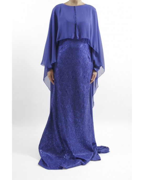 Amani’s – Occasion Long Sleeve Maxi Style With Attached Chiffon Cape Style UK - Long Sleeve Maxi Dresses - MaxiDress047
